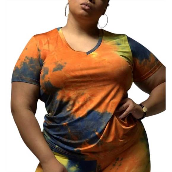 NEW DAISY tie dye v-neck short set in orange multi - Picture 2 of 3